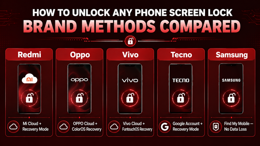 unlock any phone screen lock Redmi Oppo Vivo Tecno Samsung methods comparison Pakistan